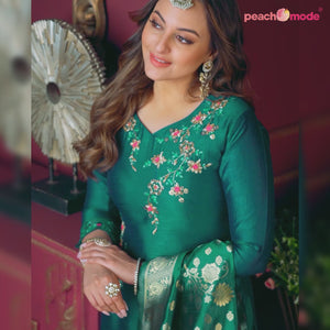 Blue Floral Sequins Embroidered Cotton Silk Suit