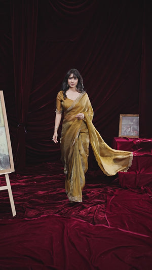 Glamorous Mustard Two Tone Satin Silk Saree Adorned With Beads & Stones Embellishment