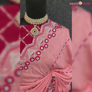 Peach Sequins Embroidered Chinon Saree