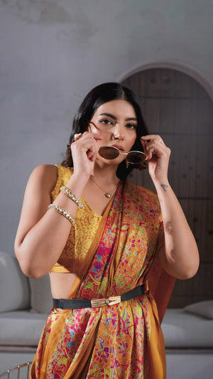 Classic Mustard Solid Modal Satin Saree With Multicolor Traditional Folk Art Printed Border & Pallu