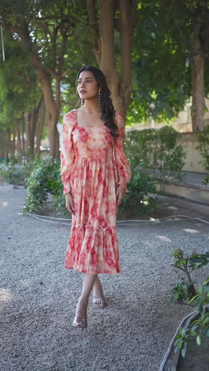 Peach Floral Printed Rayon Maxi Dress