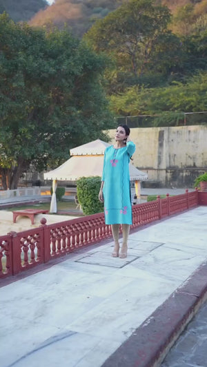 Rama Blue Floral Embroidered Viscose Straight Kurti