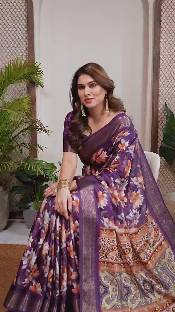 Peachmode Purple Cotton Silk Floral Print Saree with Zari Border - Video 3
