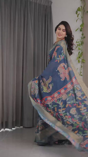 Peachmode Blue Handloom Linen Cotton Floral Print Saree - Video 2