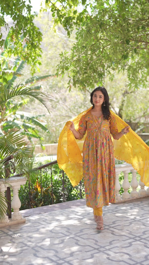 Mustard Floral Printed Rayon A-Line Salwar Suit