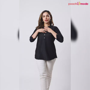 Black Solid Poly Chinon Straight Top