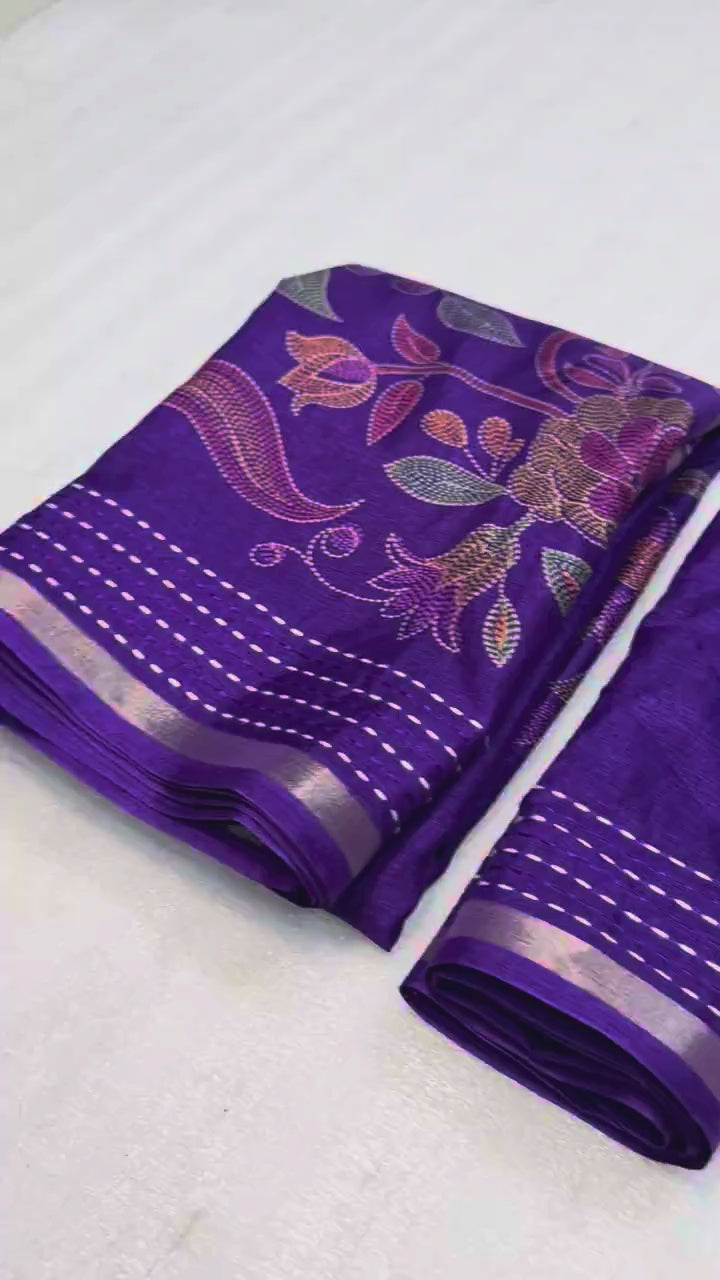 Peachmode Purple Cotton Crape Saree with Katha Thread Work - Video 2