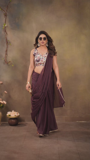 Burgundy Solid Sparkling Georgette Saree Enhanced With Shimmering Mirror Border