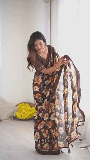 Brown Floral Printed Moss Silk Blend Saree Adorned With Playful Tassel Pallu