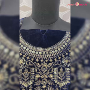 Blue Floral Sequins Embroidered Velvet Semi Stitched Suit