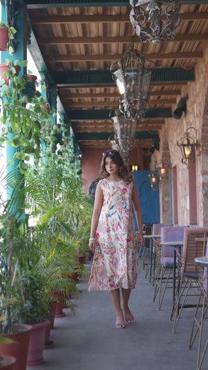 Off White & Red Floral Printed Mulmul Cotton A-Line Sleeveless Dress