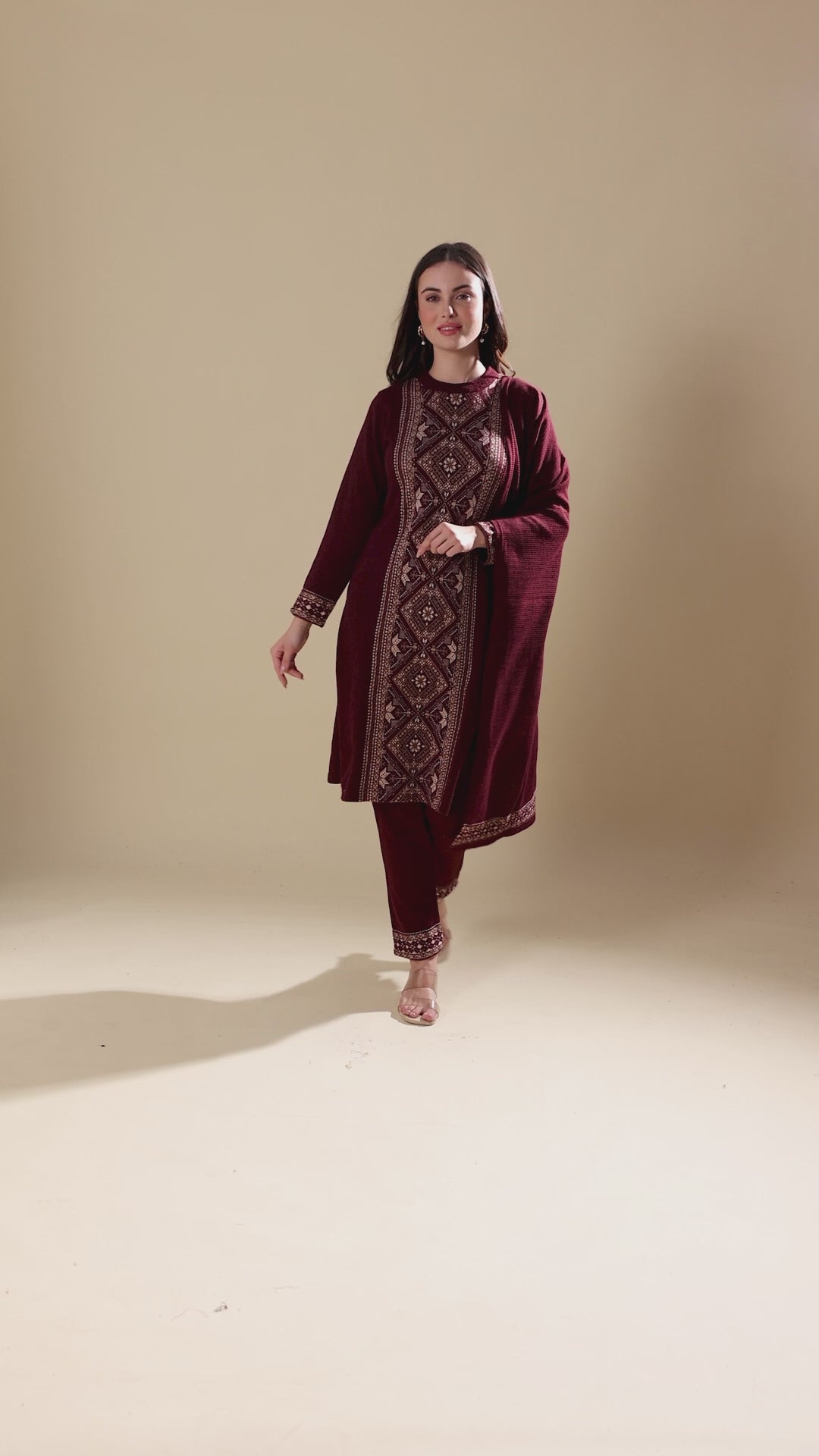 Wine Floral Woolen Salwar Suit