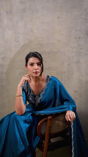 Blue Solid Chiffon Saree With Sparkling Zarkan Border & Latkan Pallu