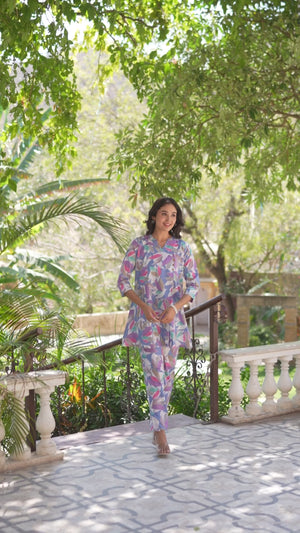 Multicolor Floral Foil Printed Pure Cotton A-Line Top Bottom Set