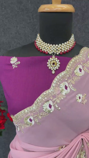 Pink Georgette Silk Saree With Floral Sequin Embroidery & Graceful Cutwork Detailing Border