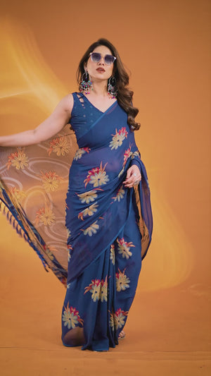 Teal Printed Saree with Zari Woven Charm in Satin Fabric