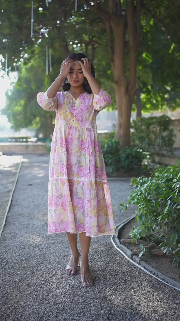 Yellow & Pink Floral Printed Pure Cotton Maxi Dress