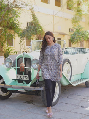 Grey Floral Printed Rayon Straight Top