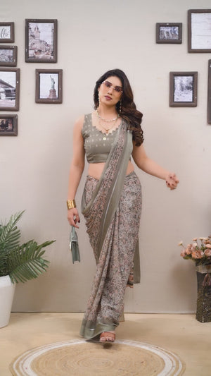 Grey Floral Print & Zari Work Moss Satin Saree With Satin Patta