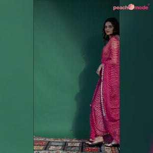 Pink Leheriya Printed With Embroidered Border Chiffon Saree