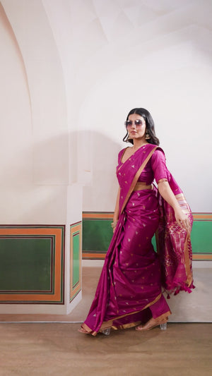 Classic Dark Magenta Tussar Silk Saree Showcasing Rich Geometric Weaving & Trendy Tassel Pallu