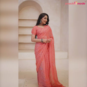 Peach Bandhani Printed Chiffon Saree