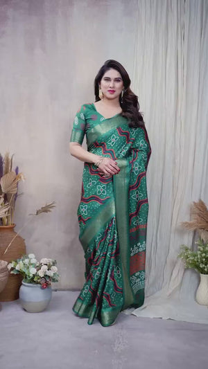 Peachmode Green Cotton Silk Bandhej Print Saree with Zari Border - Video 2