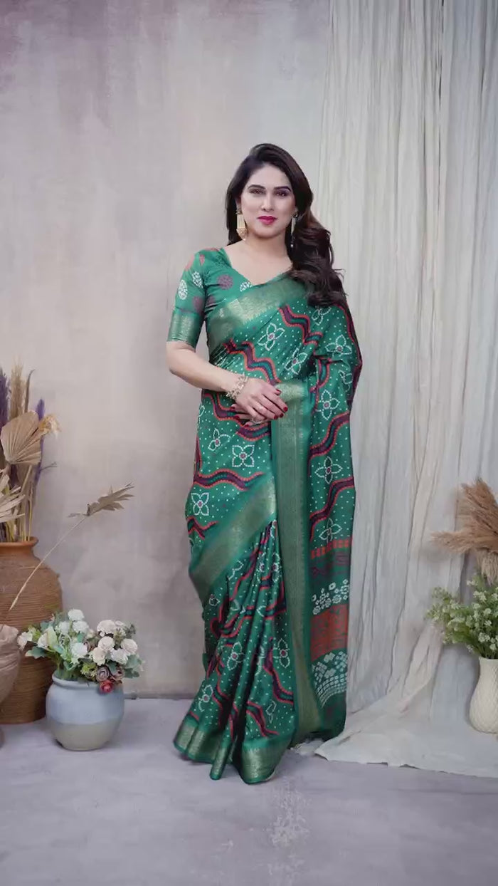 Peachmode Green Cotton Silk Bandhej Print Saree with Zari Border - Video 2
