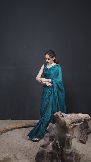 Opulent Teal Stone Work Satin Silk Saree With Hand Cut Dana & Sequin Applic Work