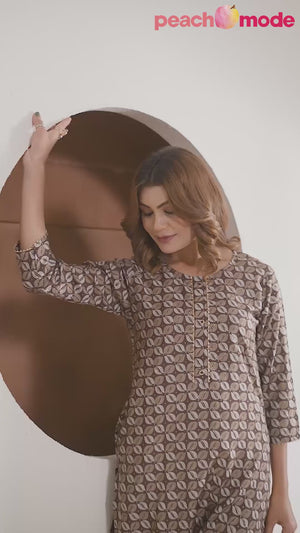 Brown Foil Printed Muslin Viscose Kurti