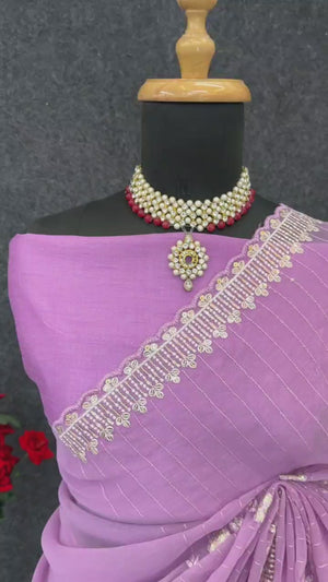 Light Purple Shimmer Chiffon Saree with Floral Sequin Embroidery & Elegant Cutwork Border