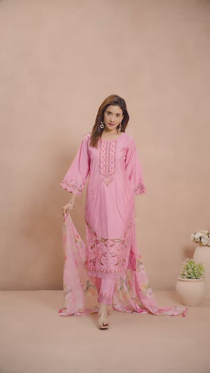 Pink Floral Embroidered Straight Salwar Suit Made of Chanderi Silk.