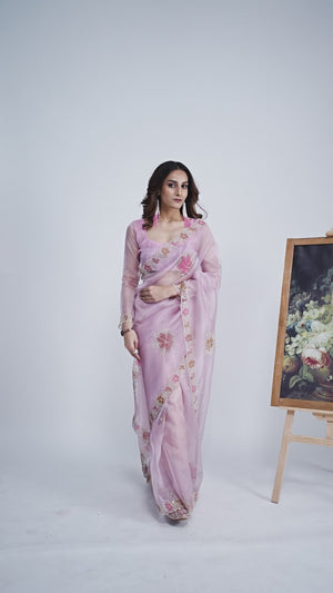 Light Lavender Traditional Hand Printed Organza Tissue Saree With Fancy Hand Stone Embellished Work