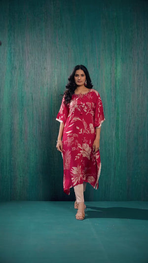 Pink Floral Printed Muslin Kaftan Top Bottom Set