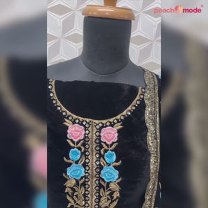 Black Floral Embroidered Velvet Semi Stitched Suit