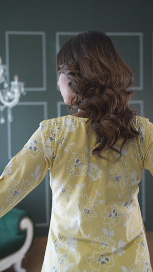 Powder Yellow Floral Printed A-Line Salwar Suit in Lightweight Pure Cotton Fabric