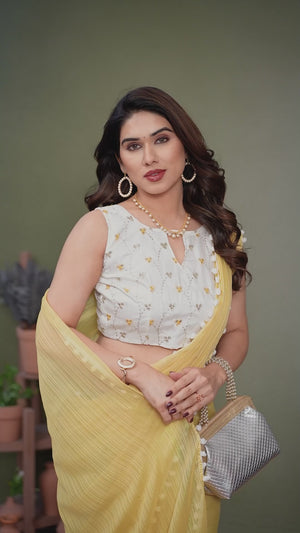 Yellow Zari Woven Satin Saree With Pompom Border