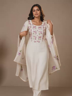 White Floral Embroidered Viscose Dress Material