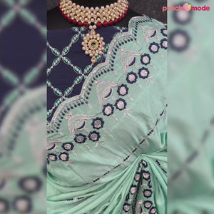 Turquoise Sequins Embroidered Chinon Saree