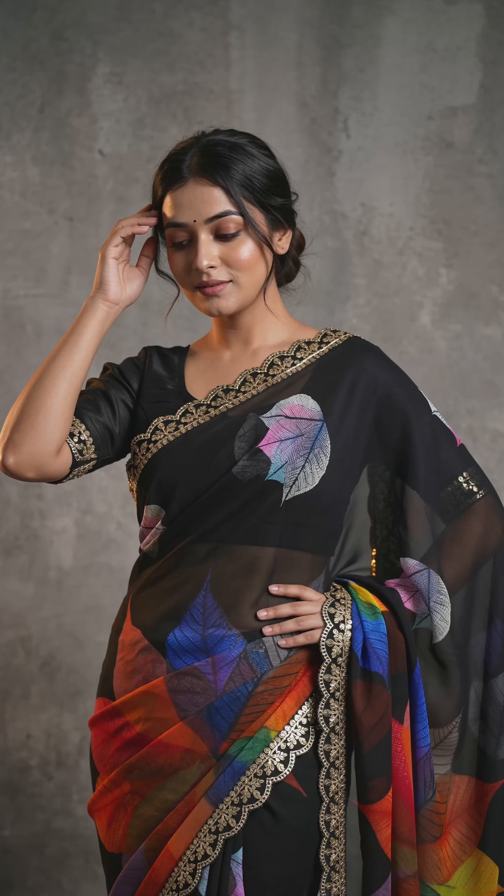Peachmode Black Georgette Saree with Multicolor Leaf Motifs - Video 2