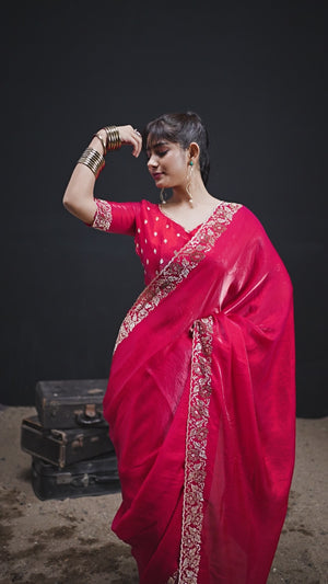 Luxurious Pink Solid Satin Silk Saree Adorned With Floral Stone Work Border