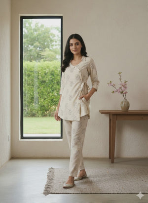 Cream & Black Pure Cotton Top Bottom Set with Leaf Print and Timeless Minimal Styling
