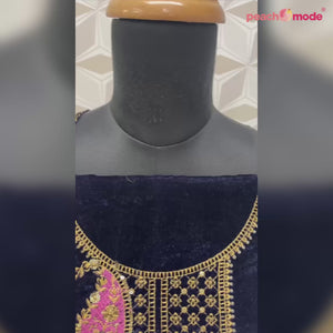 Navy Blue Floral Embroidered Velvet Semi Stitched Salwar Suit