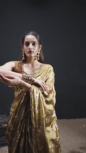 Designer Mehendi Green Satin Silk Saree With Leaf Foil Print & Stone Work Border