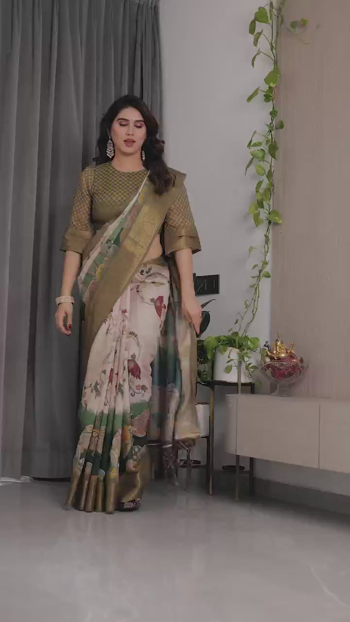Peachmode Olive Handloom Linen Cotton Floral Print Saree - Video 4