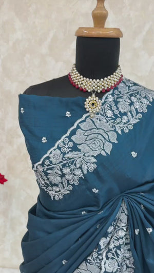 Dark Teal Blue Chinon Chiffon Saree With Graceful Floral Zari Embroidery