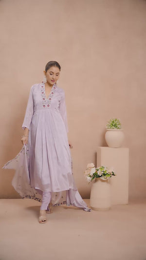 Grey Floral Embroidery With Handwork Viscose Anarkali Salwar Suit