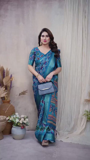 Peachmode Teal Cotton Silk Bandhej Print Saree with Zari Border - Video 2