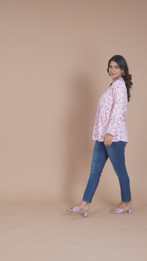 Purple Floral Printed Pure Cotton Chikankari Top