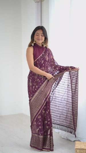 Wine Georgette Saree with Shimmering Foil Print & Gota Patti Border